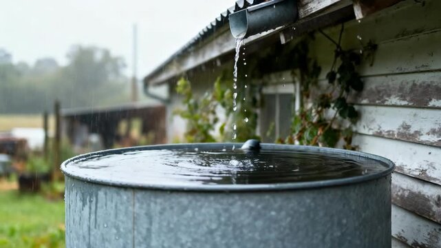 Medium shot of a large rainwater collection tank beside a rural home capturing water flow from overhead gutters during a light rain.
