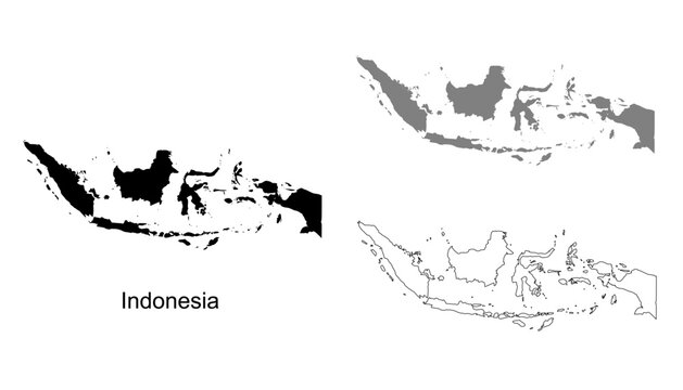 Indonesia map set. Indonesia map vector. Indonesia map on silhouette, gray, and outline