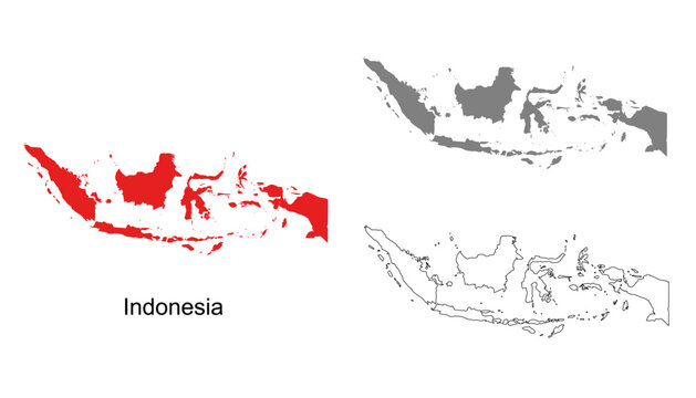Indonesia map set. Indonesia map vector. Indonesia map on red, gray, and outline