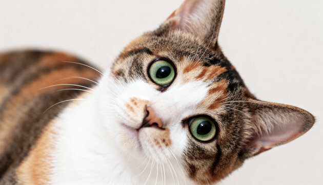 Closeup portrait of a curious calico cat with bright green eyes tilting its head