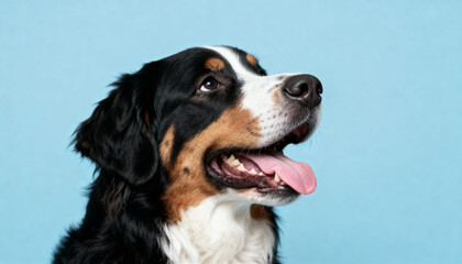 Close up portrait of a happy bernese mountain dog with tongue out against blue background
