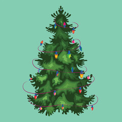 A beautifully decorated Christmas tree covered in vibrant, sparkling lights. The deep green branches wrapped with glowing bulbs create a festive and joyful holiday atmosphere