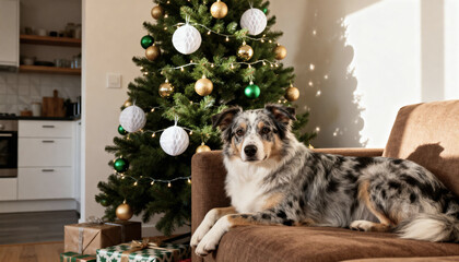 Merle australian shepherd dog resting on a couch next to a decorated christmas tree indoors