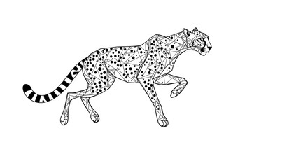 Fototapeta premium Geometric cheetah illustration with black spots and lines on white background big cat animal