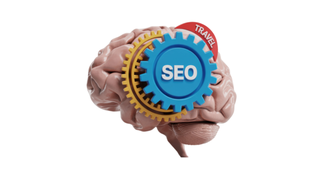 A brain with gears labeled 'SEO' and 'TRAVEL' symbolizes the interconnectedness and optimization of travel search engine marketing. background removed