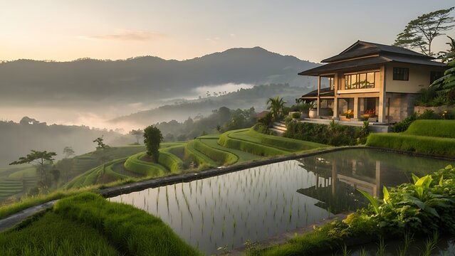 Travel destination rice terraces villa bali indonesia a luxurious resort with a picturesque view of the natural world