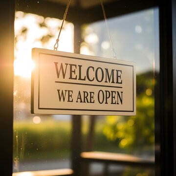 Welcome we are open sign hanging on glass door with sunlight flare