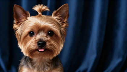 Closeup portrait of a cute yorkshire terrier dog with a top knot against a dark blue curtain background