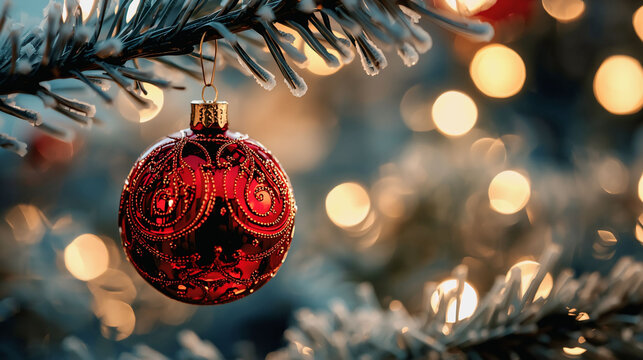 Festive Cheer: Beautifully Detailed Red Bauble on Frosted Fir"