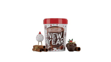 A festive New Year hot chocolate cup with cinnamon sticks, a decorative bird, and a chocolate treat, against a transparent background. background removed