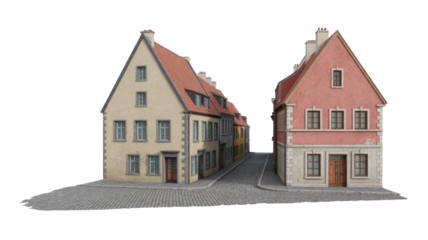 Charming old European town street corner with two colorful gabled buildings and a cobblestone road, isolated on transparent background. background removed