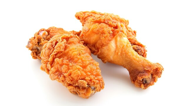 Crispy fried chicken drumsticks with golden breading on clean white background