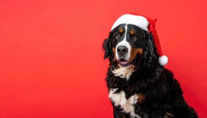 Bernese Mountain Dog Wearing Santa Hat Festive Christmas Portrait.