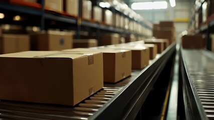 Holiday shopping season. Retail business promotion concept. cardboard boxes on conveyor belt in warehouse settingcardboard box on conveyer beltcardboards on conveyors belt in distribution center. - Powered by Adobe