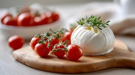Close up view of a creamy burrata cheese ball topped with fresh thyme sprigs placed on a wooden cutting board with ripe cherry tomatoes on the vine and water droplets