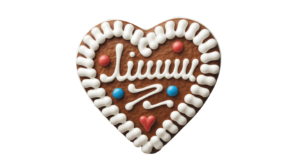 Heart-shaped gingerbread cookie with white icing, colorful candy beads, and 'Juuuuuu' written playfully, set against a transparent background. background removed