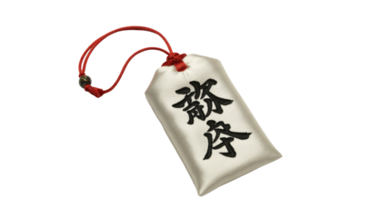 A traditional Japanese or Chinese omamori charm, a white fabric pouch with black calligraphy characters for prosperity, tied with a red cord and tassel. background removed