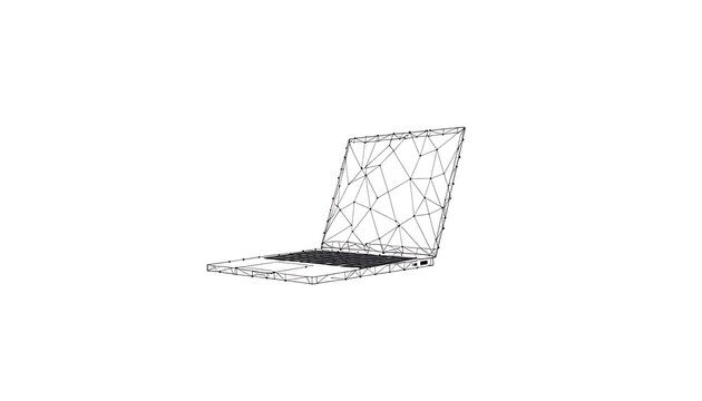 Wireframe Laptop Computer Open Display Screen Keyboard White Background technology digital