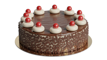 Decadent chocolate cake with glossy ganache, white cream dollops topped with red cherry spheres, and chocolate shard sides on a golden board. background removed