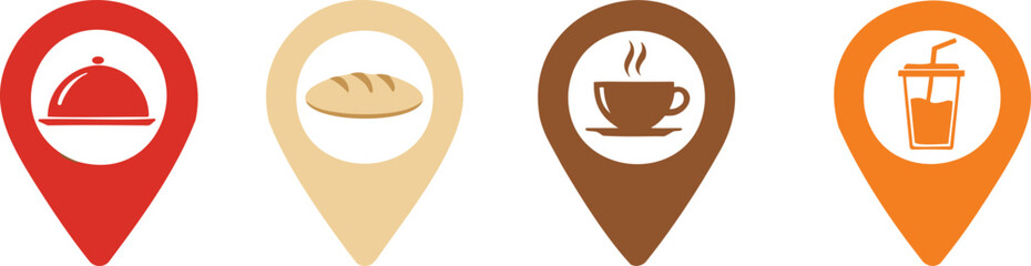 Vector location icons set for food and beverage spots, featuring restaurant, bakery, coffee shop, and fast drink pins for mobile application maps and interface design.