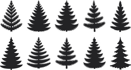 Naklejka premium A diverse collection of black silhouette Christmas tree illustrations