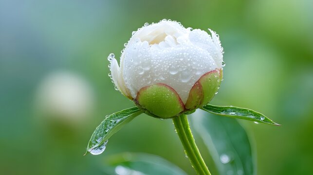 A delicate unbloomed white peony flower adorned with numerous tiny water droplets from recent rain or dew showcases its pure beauty and freshness in a serene garden setting with a soft green bokeh