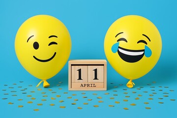 Yellow Smiley Balloons with Wooden Calendar Showing 1April on Blue Party april fool Background