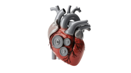 A 3D render of a stylized human heart, featuring internal mechanical gears, symbolizing precision, health, or an artificial organ concept. background removed