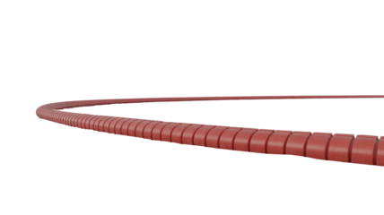 A long, segmented red cable protector or flexible conduit curves gently across a transparent background, suitable for wiring management. background removed