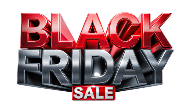 Black Friday Sale 3D Metallic Red and Chrome Text on Transparent PNG