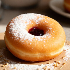 Powdered sugar dusted jam-filled donut, a sweet fried pastry with a delicious berry filling, perfect for breakfast, dessert, or a coffee break treat.
