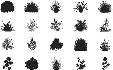 A minimalist graphic design featuring a set of garden bush silhouettes