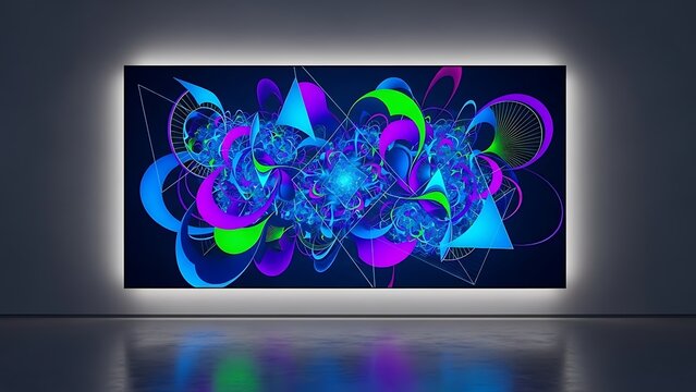Abstract geometric artwork on display with neon illumination and modern aesthetic