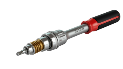 A professional multi-bit ratcheting screwdriver featuring an ergonomic red and black handle, silver shaft, and golden extension, ideal for precision tasks and repairs. background removed