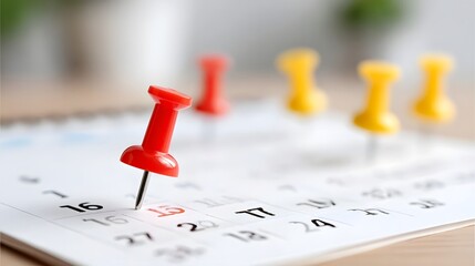 Close up of colorful red and yellow pushpins on a white calendar page highlighting key dates for planning appointments reminders and event organization in a business or personal context