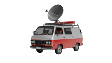 A classic silver and red news van featuring a large satellite dish on its roof, ready for live broadcasting or remote reporting. background removed