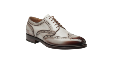 A stylish white and brown two-tone leather brogue shoe, featuring elegant wingtip perforations and classic brown laces. A sophisticated men's footwear design. background removed