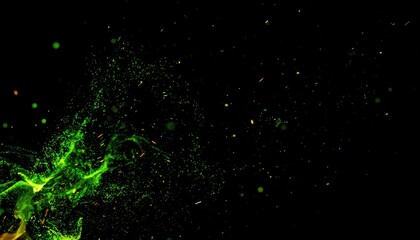 Abstract glowing green particles and energy swirls on a dark background.
