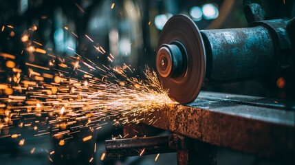 Metal grinding machine shaping a rusty iron piece, producing bright sparks flying in a dark industrial workshop, illustrating hard work, metal fabrication, manufacturing and industrial processes
