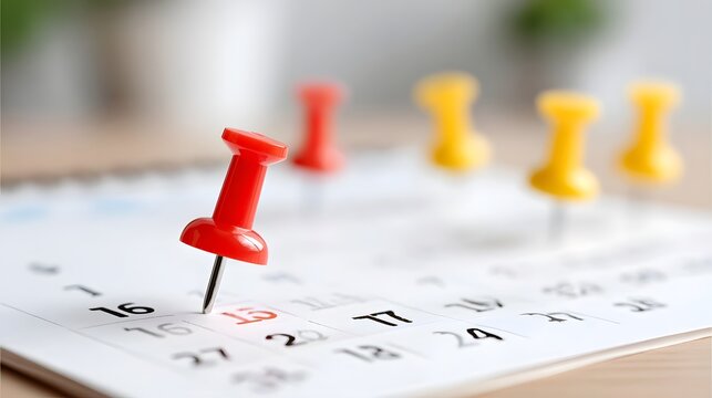 Close up of colorful red and yellow pushpins on a white calendar page highlighting key dates for planning appointments reminders and event organization in a business or personal context