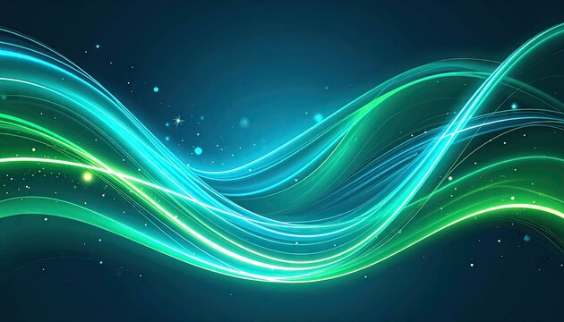 Abstract flowing luminous waves of teal and green light with sparkling particles on a dark background.