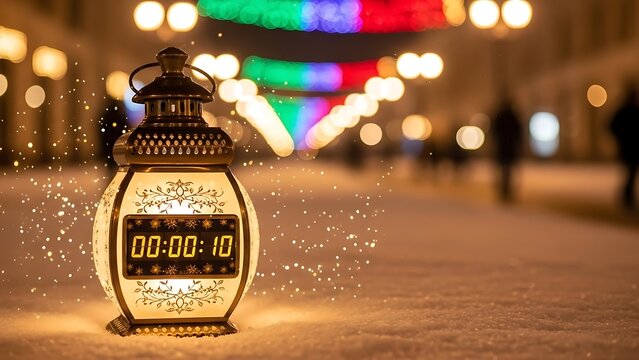 Ornate Lantern with Countdown Timer in Snowy Street
