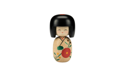 A charming traditional Japanese Kokeshi doll, hand-painted wood, featuring a smiling face, black bob hair, and intricate floral patterns. background removed