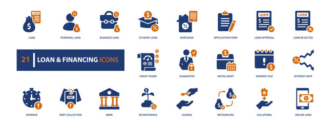 loan and financing icon set. Solid style, vector illustration