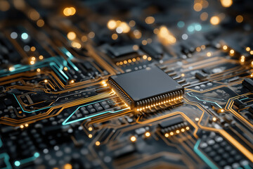 Futuristic motherboard texture with glowing gold and teal circuitry &mdash; high-detail technology background