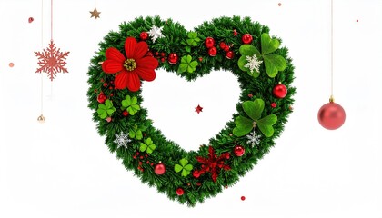 Heart shaped Christmas wreath adorned with festive ornaments shamrocks and red flowers.
