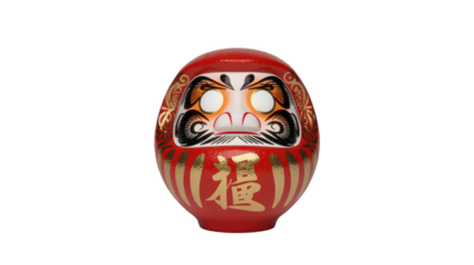 A vibrant red Japanese Daruma doll with gold accents and the character for 'good fortune', often used for goal setting. background removed