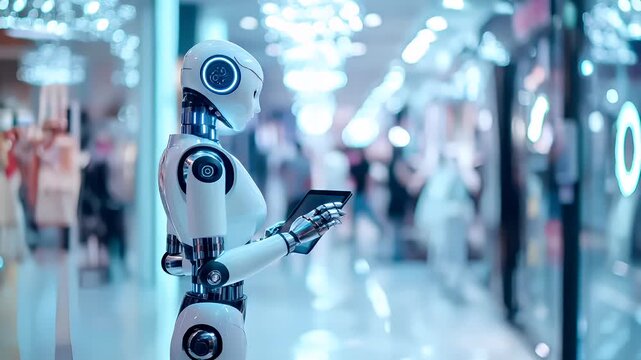 Holiday shopping season. Retail business promotion concept. robot in shopping mall with blurred background and bokeh lights.