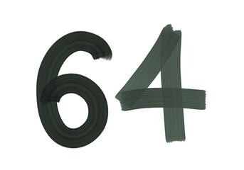 Number Sixty-four, 64 made with Plaster Rake Brush on transparent background, Digit, Black color, Dark-green color, isolated background, Illustration, Typography, Handmade, Set 0-100