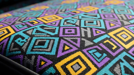 Vibrant geometric patterns dance across textured fabric, A colorful mix of shapes and textures creates an eye-catching design on a cloth surface